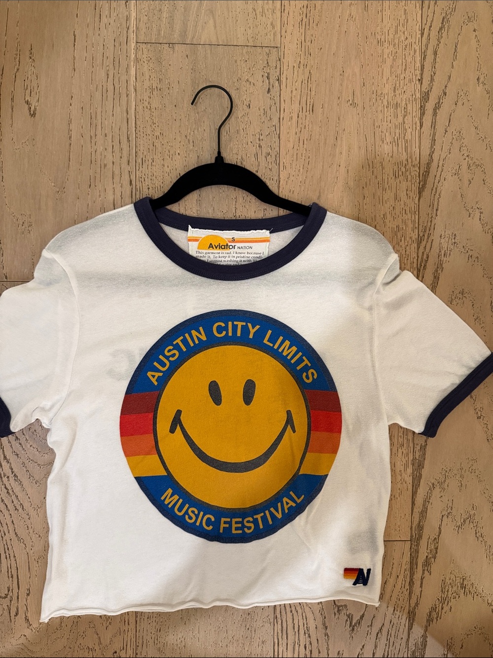 Aviator Nation White Tee with Yellow Smiley & Navy Trim